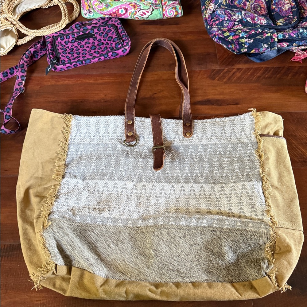 Myra Bag Tan and Brown Tote Bag 100% cotton 100% leather 26x30